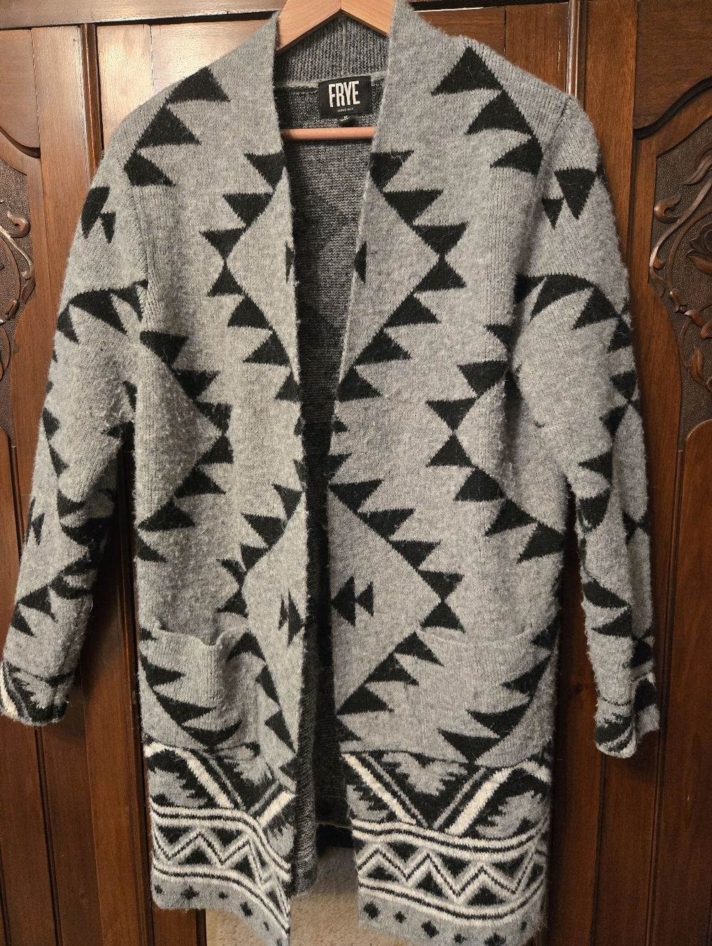 Frye Gray and Black Aztec Knit Open Cardigan